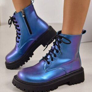 Holographic Blue Combat Boots